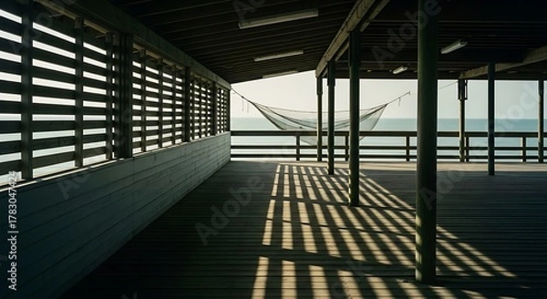 Fototapeta Pier walkway with louvered walls and hammock overlooking the ocean.