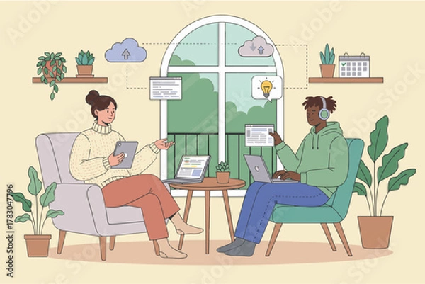 Fototapeta Remote Team Collaborating Online with Cloud Sharing and Innovation