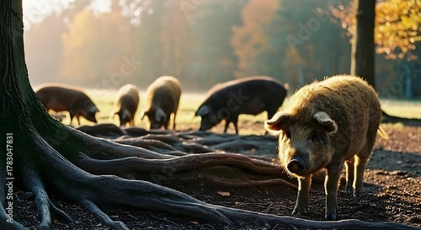 Fototapeta Pigs Grazing in a Forest Clearing During Golden Hour Sunlight.