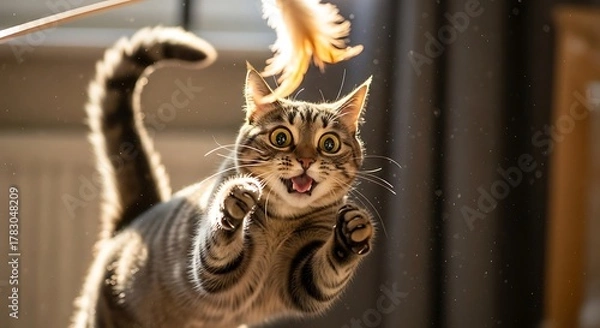 Fototapeta Playful tabby cat jumps high for a feather toy in the sunlight.