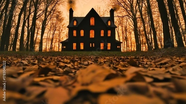 Fototapeta Deep orange background featuring haunted house silhouette with scattered dried leaves on ground
