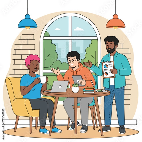 Fototapeta Creative Team Discussing Ideas and Strategies in Modern Office