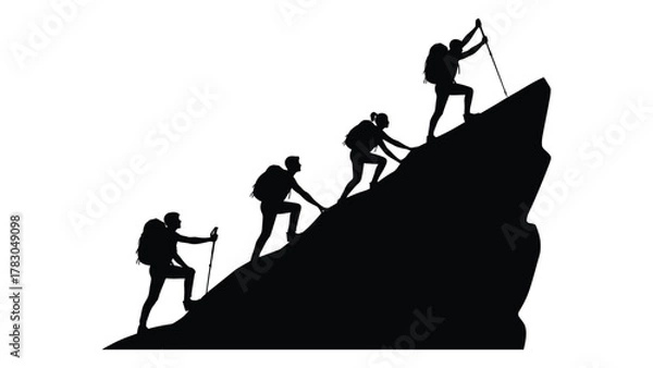 Fototapeta Hikers climbing mountain silhouette isolated on white background, Vector