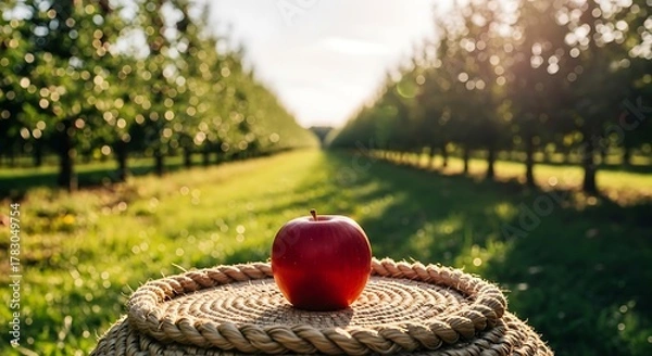 Fototapeta Red Apple on Woven Basket in Orchard at Sunset.