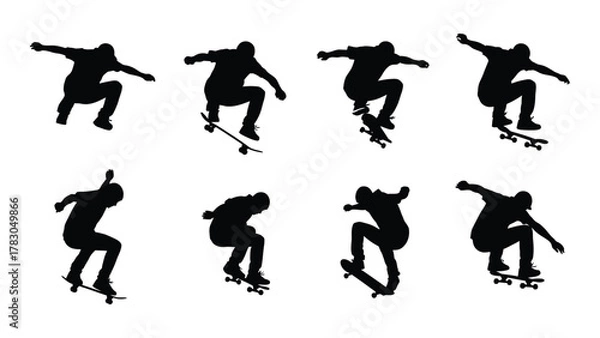 Fototapeta Skateboarder silhouettes performing tricks isolated on white background, Vector