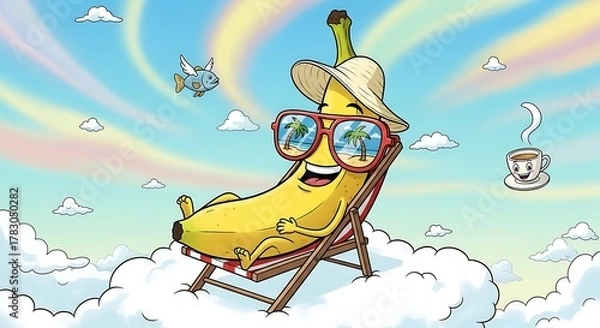 Fototapeta Relaxed Banana Enjoying Vacation on Cloud with Sunglasses and Hat.