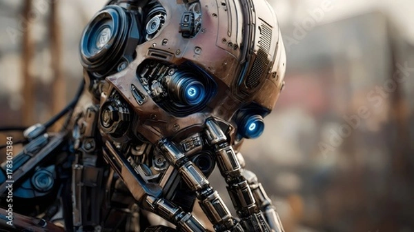 Fototapeta A detailed close-up of a futuristic robot's face, showcasing intricate mechanical features and luminous blue eyes.