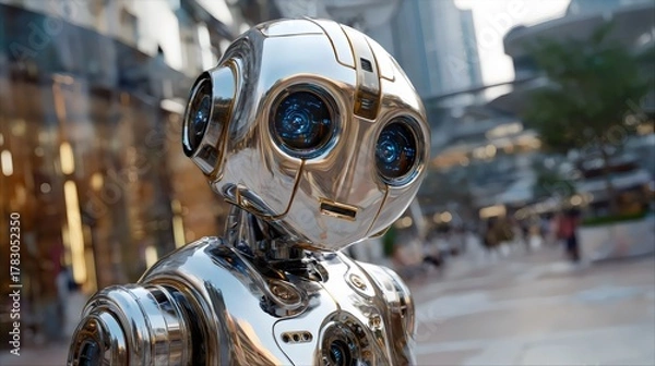 Fototapeta A futuristic robot with a shiny metallic finish and blue eyes, standing in an urban setting with blurred pedestrians.