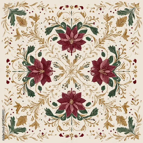 Fototapeta Floral Mandala Pattern with Burgundy Poinsettia and Golden Embellishments