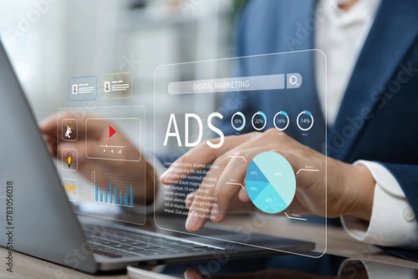 Fototapeta Businessman using laptop with Ads dashboard digital marketing strategy analysis for branding.