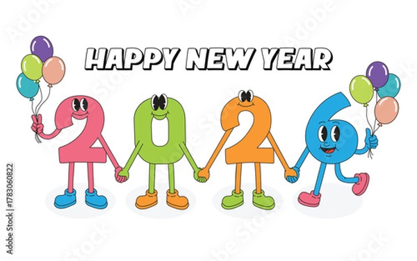 Fototapeta Retro Cartoon 2026 New Year Characters Holding Hands With Balloons
