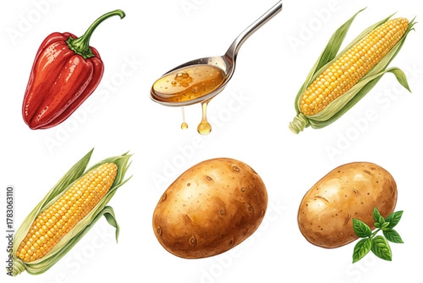 Fototapeta Red pepper honey spoon corn potato basil fresh vegetable and ingredient assortment with natural texture and warm tones conveying wholesome cooking