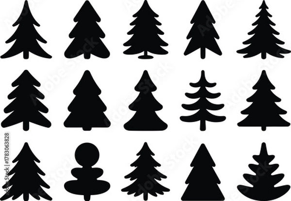Fototapeta Diverse Black Christmas Tree Silhouette Collection on White Background Isolated Group