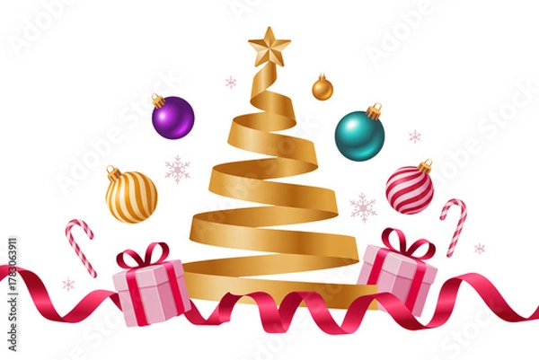 Fototapeta Elegant golden ribbon Christmas tree with ornaments, presents, and snowflakes, perfect for festive holiday designs and seasonal promotions