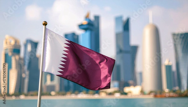 Fototapeta Fly the flag for Qatar! See the national banner waving proudly against a modern cityscape, perfect for travel blogs, news, and patriotic projects.