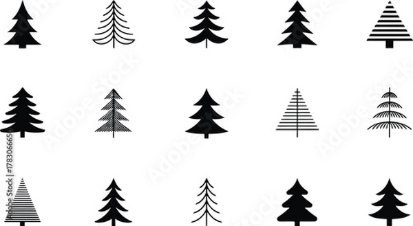 Fototapeta Collection of Fifteen Unique Black and White Christmas Tree Illustrations on a White Background