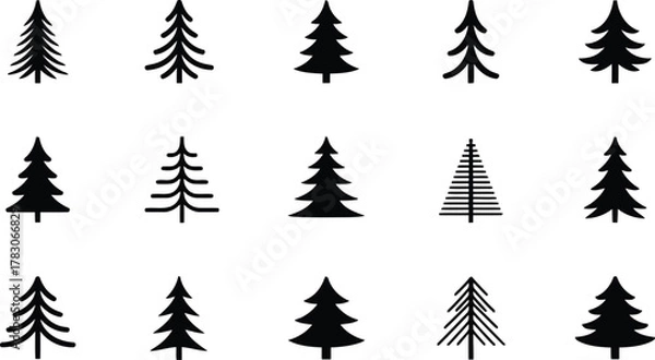 Fototapeta Diverse Collection of Black Silhouette Pine Tree Illustrations on White Background Elements
