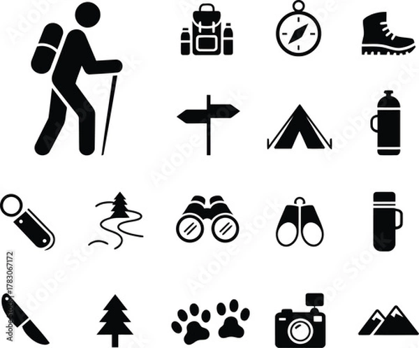 Fototapeta Hiking and Camping Icons Set Equipment, Navigation, and Wildlife Symbols Illustration