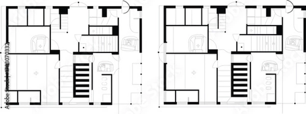 Obraz Modern architectural floor plan layout, black and white blueprint design, residential building plan, professional house interior drawing design template.