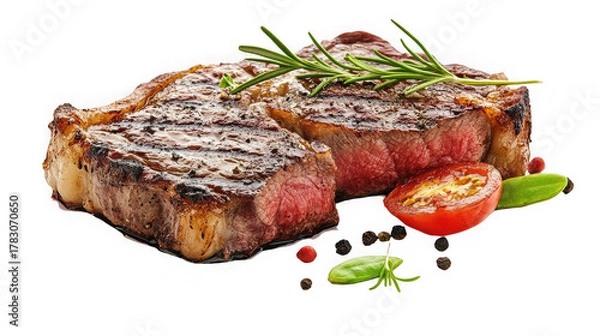 Obraz Grilled tbone steak with rosemary and tomato isolated on transparent background