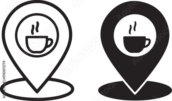 Obraz Coffee shop location map pin icon set, showing outline and solid filled versions for cafe, restaurant, and beverage finder applications. isolated on white background, Vector, illustration