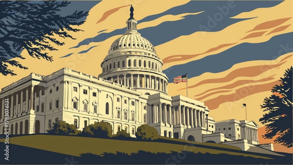 Fototapeta Iconic washington dc skyline featuring us capitol building with american flag suitable for patriotic backgrounds, travel websites, american governmentrelated projects.
