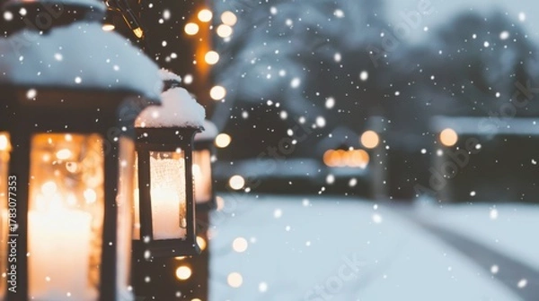 Obraz Warm Lit Lanterns in Falling Snow on a Cozy Winter Evening