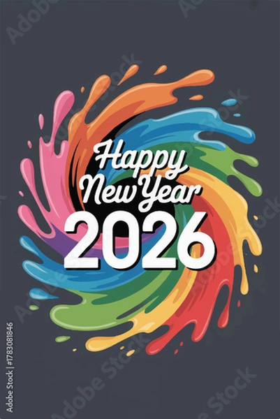 Fototapeta HAPPY NEW YEAR 2026’ surrounded by a vibrant explosion of rainbow paint, symbolizing joy, creativity, and the colorful possibilities of the year ahead.
