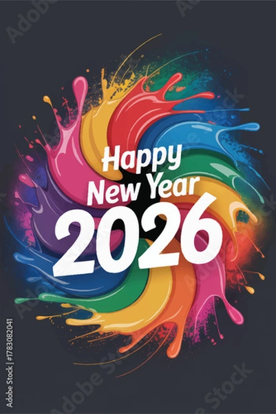 Fototapeta HAPPY NEW YEAR 2026’ surrounded by a vibrant explosion of rainbow paint, symbolizing joy, creativity, and the colorful possibilities of the year ahead.
