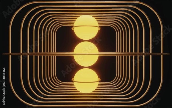 Fototapeta Three Radiant Spheres Aligned in Perfect Symmetry, Bound by Metallic Arcs and Golden Geometry, Illuminating the Darkness with Order and Energy. 