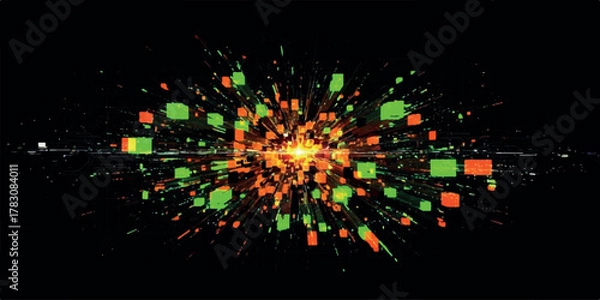 Fototapeta Abstract digital explosion of colorful pixelated cubes and light.