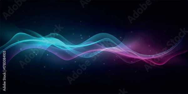 Fototapeta Abstract flowing waves of light in vibrant blue and pink hues against a dark background.