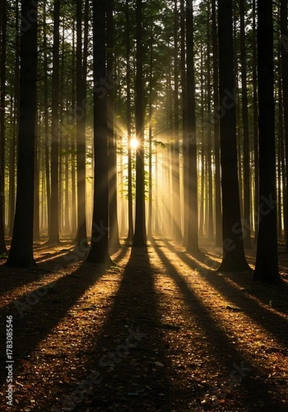 Fototapeta Sunlight beams through tall trees in a dense forest creating long shadows on the ground.