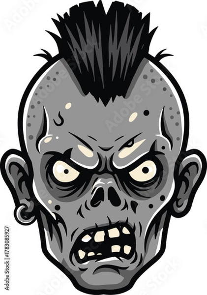 Obraz Zombie head cartoon, gray undead face, mohawk hairstyle illustration, horror character design, Halloween graphic artwork, angry monster vector