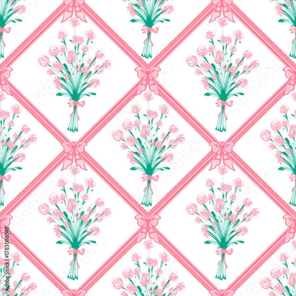 Obraz Classic Pink Rose Bouquet and Ribbon Diamond Lattice Seamless Pattern