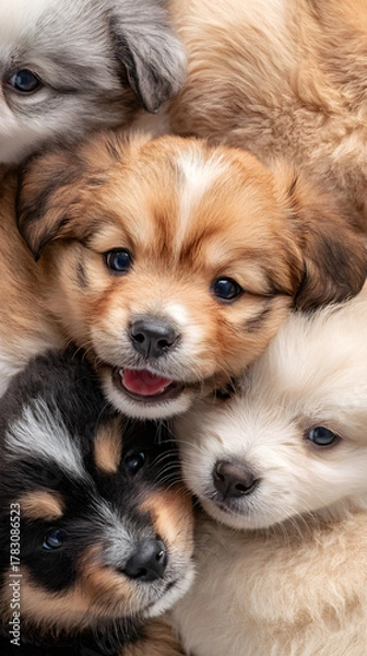 Fototapeta Joyful Furry Friends: Puppes Romping and Frolicking n Playful Harmony, Spreadig Happiness and Laughter wth Their Adorable Antics ad Boundless Energy