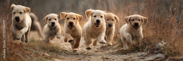 Obraz Joyful Furry Friends: Puppes Romping and Frolicking n Playful Harmony, Spreadig Happiness and Laughter wth Their Adorable Antics ad Boundless Energy