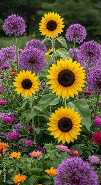 Fototapeta Vibrant Summer Garden Bursting with Sunflowers and Purple Alliums.