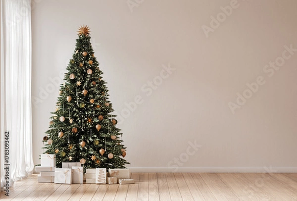 Fototapeta Christmas tree in Scandinavian interior. Blank wall background. 3d render