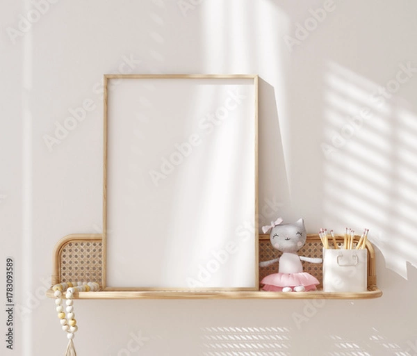 Fototapeta Poster frame mockup close up in Scandi-Boho children room interior, shelf with soft toy, pencils and beads, 3d render