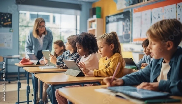 Fototapeta Young Diverse Students Using Tablets in Modern Classroom with Teacher Presenting
