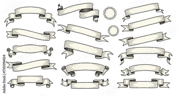 Fototapeta A comprehensive set of vintage-style blank banners, ribbons, and labels in various shapes, perfect for classic design elements and graphic assets.