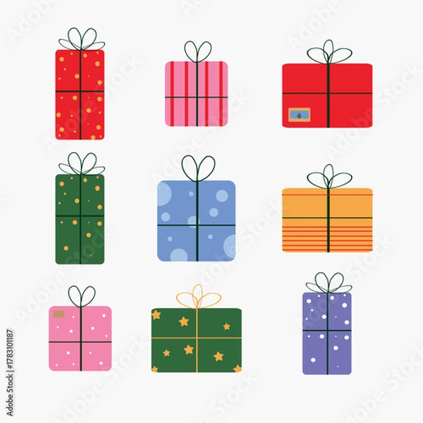 Fototapeta New year and Christmas present box set. Creative season elements for celebration web design. Vector illustration