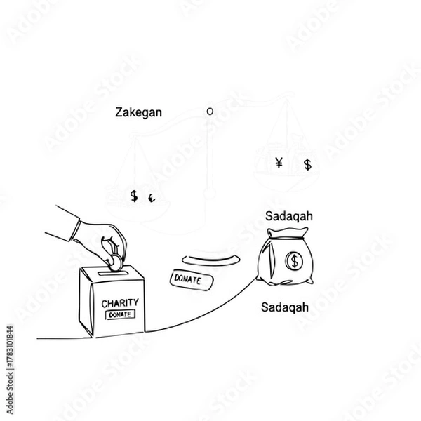 Fototapeta A minimalist illustration depicts the concept of charity and donation, with a hand placing a coin into a donation box, symbolizing acts of generosity.