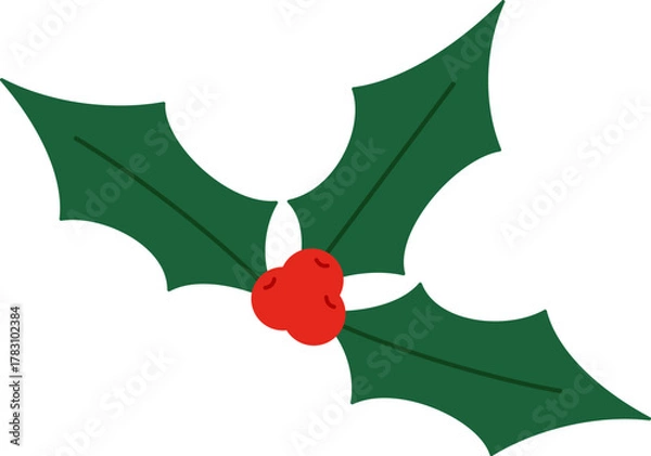 Obraz Simple Christmas holly icon with red berries. A festive flat vector illustration of a traditional winter plant, isolated for holiday greeting cards.