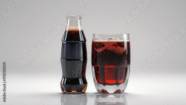 Fototapeta A bottle of cola soft drink with placed beside a clear transparent glass filled with carbonated cola soft drink isolated on white background
