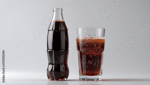 Fototapeta A bottle of cola soft drink with placed beside a clear transparent glass filled with carbonated cola soft drink isolated on white background