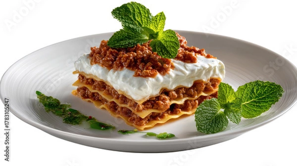Fototapeta Artisan Lasagna with Mint Garnish: A culinary masterpiece of layered lasagna, served elegantly on a pristine white plate, adorned with a fresh sprig of mint, showcasing the epitome of Italian cuisine.