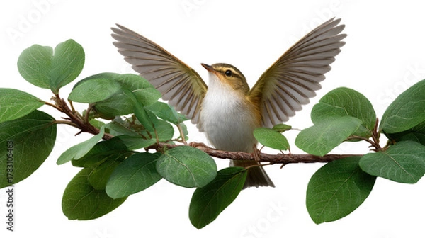 Fototapeta Harmony of Nature: A tiny bird displays its majestic wings amidst a tranquil scene, poised atop a delicate branch adorned with vibrant green leaves.
