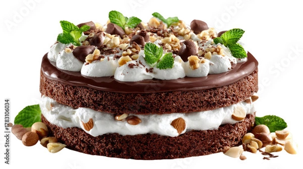 Fototapeta Delicious Layer Cake: A decadent layer cake, adorned with creamy frosting, chocolate, and fresh mint, offers a tempting treat.